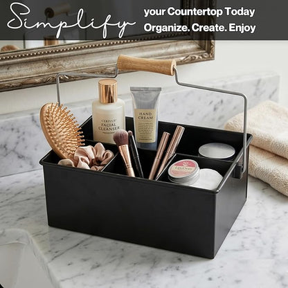 Alpha Living Home Heavy Duty Metal Alloy Utensil Silverware Caddy - 4 Compartment Flatware Organizer with Handle - Farmhouse Rustic Kitchen Storage for Countertop, Tabletop, Picnics & Parties (Black)