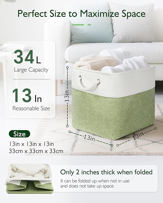 Patvingot 13x13x13 Cube Storage Bins,4 Pack Large Foldable Fabric Storage Cubes with Handles for Organizing Home, Closet, Shelf, Office(White&Green)