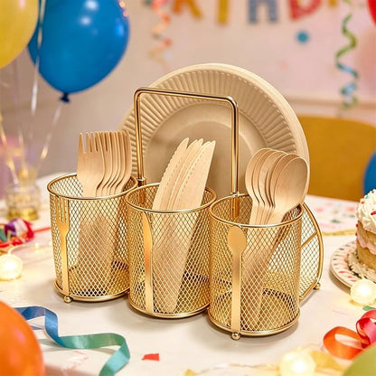 Silverware Organizer Utensil Caddy - 4 Compartment Metal Cutlery Holder Flatware Storage Basket Fork Spoon Napkin Paper Plate Kitchen Countertop Party Picnic Camping Buffet Outdoor (Gold)