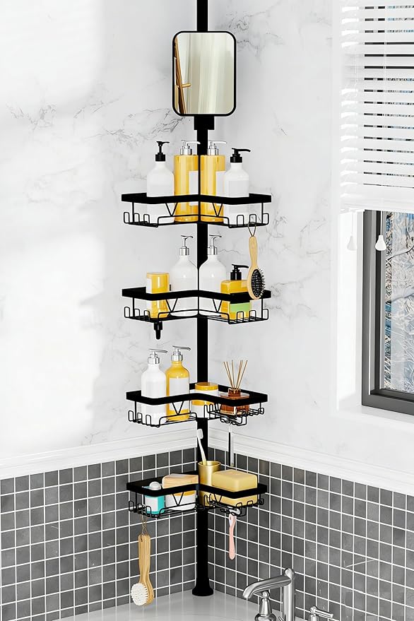 DAOYA Shower Caddy Tension Pole with Anti-Fog Shaving Mirror, Tension Rod Shower Caddy Corner for Bathroom Organizer, Black