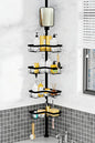 DAOYA Shower Caddy Tension Pole with Anti-Fog Shaving Mirror, Tension Rod Shower Caddy Corner for Bathroom Organizer, Black