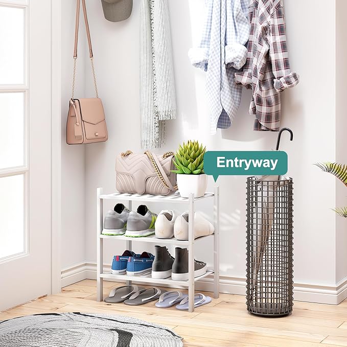 viewcare Small Shoe Rack for Entryway, White Shoe Organizer for Closet, Bamboo Wood Standing Shoe Shelf for Indoor Outdoor (White, 3-Tier_Samll)