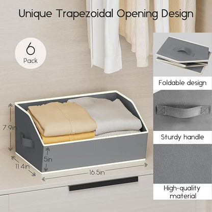 Homsorout Large Closet Organizers and Storage Bins - 6 Pack Trapezoid Storage Baskets for Shelves, Foldable Fabric Baskets with Handles Ideal for Closet, Basket, Wardrobe and Shelf Storage, Grey