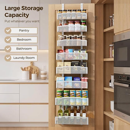 Delamu 8 Tier Over the Door Pantry Organizer, 2in1 Hanging or Wall Mount Spice Rack Seasoning, Adjustable Heavy-Duty Pantry Door Organizer and Storage for Kitchen Cabinet and Bathroom, 15.3" White