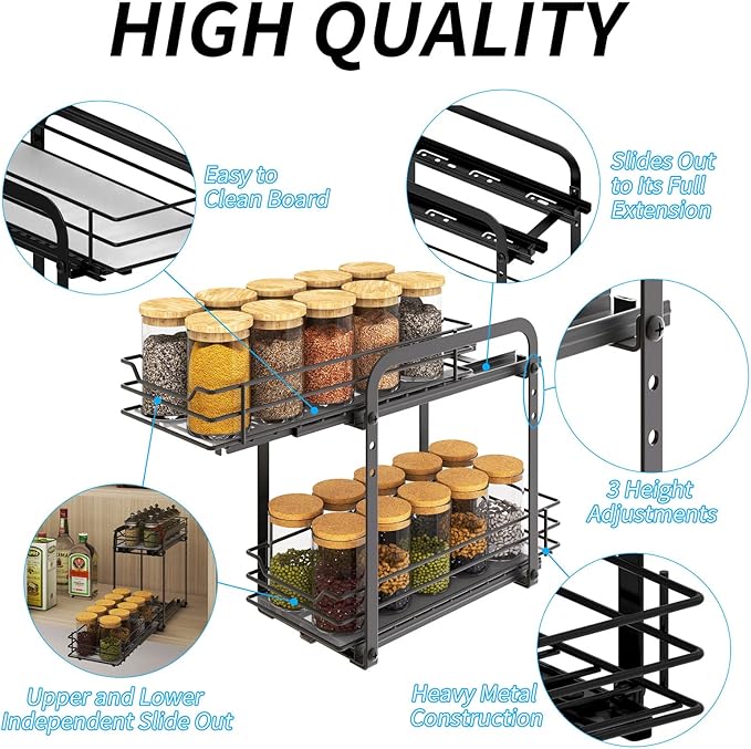 BOIVSHI Spice Rack Organizer for Cabinet, 2 Tier Pull Out Spice Organizer for Cabinet Height Adjustable Heavy Duty Metal Basket for Inside Cabinets & Pantry Closet (5.5''Wx10.5''Dx9.5''H)