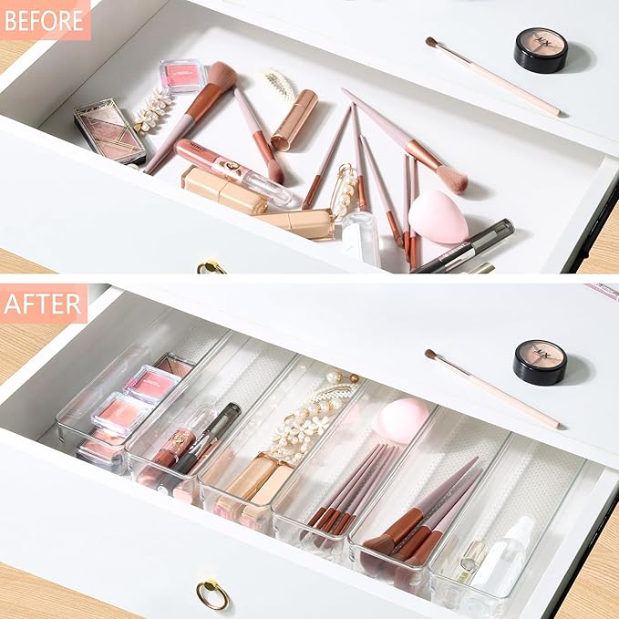 6 Set Clear Plastic Junk Drawer Organizer Vanity Curlery Utensil Makeups Organizer for Kitchen 12'' X 3''