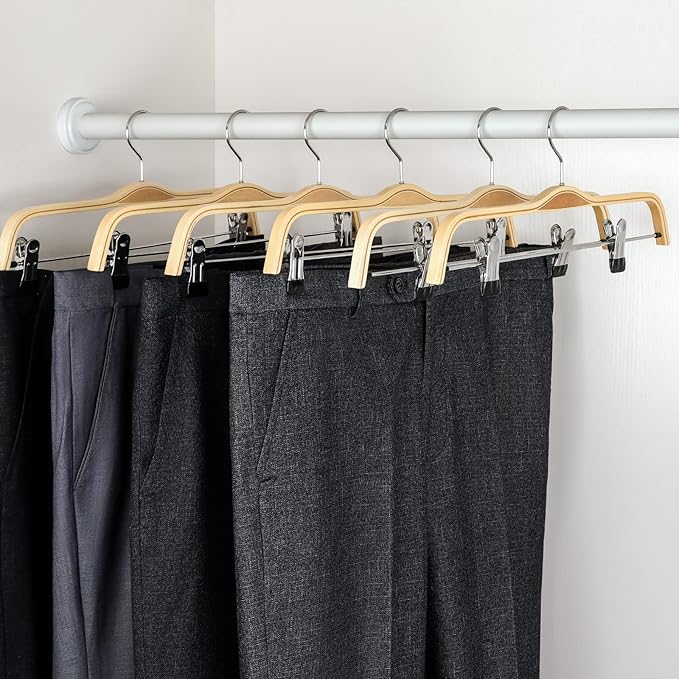 TOPIA HANGER Wooden Pants Hangers,Slim Natural Wood Skirt Hangers with Anti-Rust Hook and Adjustable Metal Clips, Perfect for Skirts, Pants, Slacks-10 Pack-CT17N