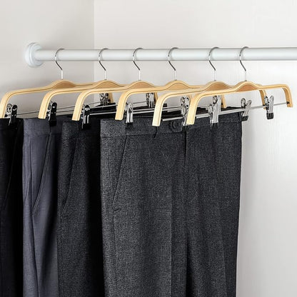 TOPIA HANGER Wooden Pants Hangers,Slim Natural Wood Skirt Hangers with Anti-Rust Hook and Adjustable Metal Clips, Perfect for Skirts, Pants, Slacks-10 Pack-CT17N