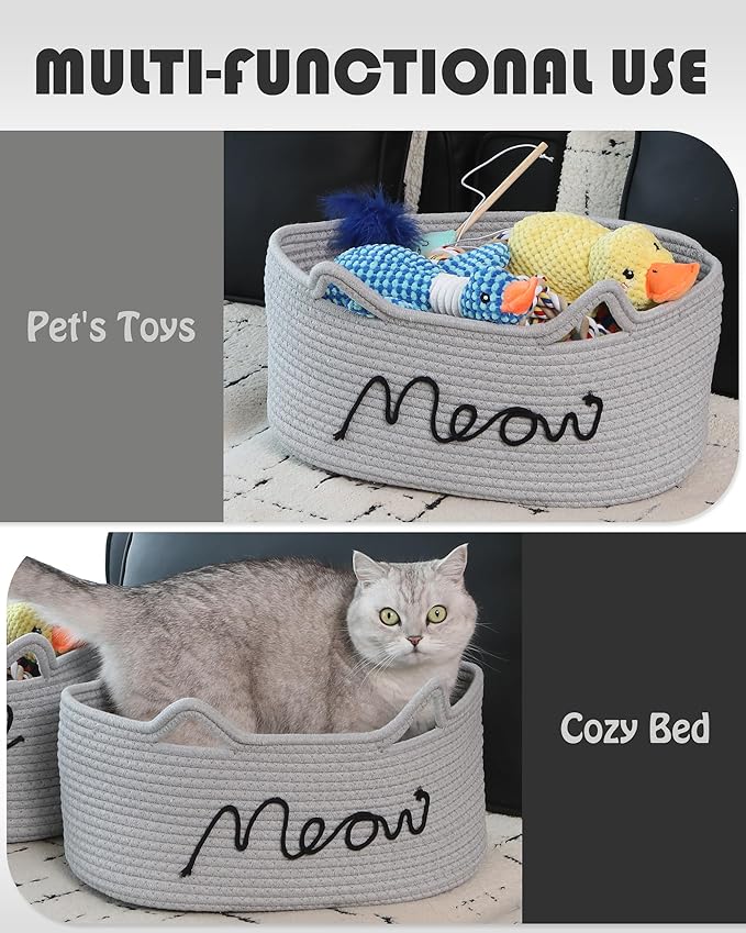 Sea Team Cat Toy Basket with Handles, 16.5 x 11 x 7 Inches, 4.4 Gallons Large Cotton Rope Storage Bin, Box, Shelf Organizer for Pet Chew Toys, Foods, Grey Meow