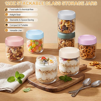 12 Pack 12oz Overnight Oats Containers with Lids, Wide Mouth Jars, Glass Food Storage Containers with Airtight Lids, CRYSTAL Storage Canister for Snacks Yogurt Cereal Fruit Salad Spice Sugar
