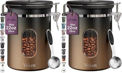 Veken Coffee Canister with Window,Airtight Stainless Steel Kitchen Food Storage Container, Date Tracker & Scoop for Grounds Coffee, Beans, Tea,Flour,Cereal,Sugar,22OZ,Copper (Pack of 2)