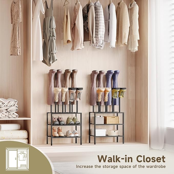 Boot Rack for Tall Boots Organizer,3-Tier Multiuse Shoe Rack and Boot Storage Rack,for Tall Boots,Sneakers,High-Heel (Black, 3-Tier-Short)