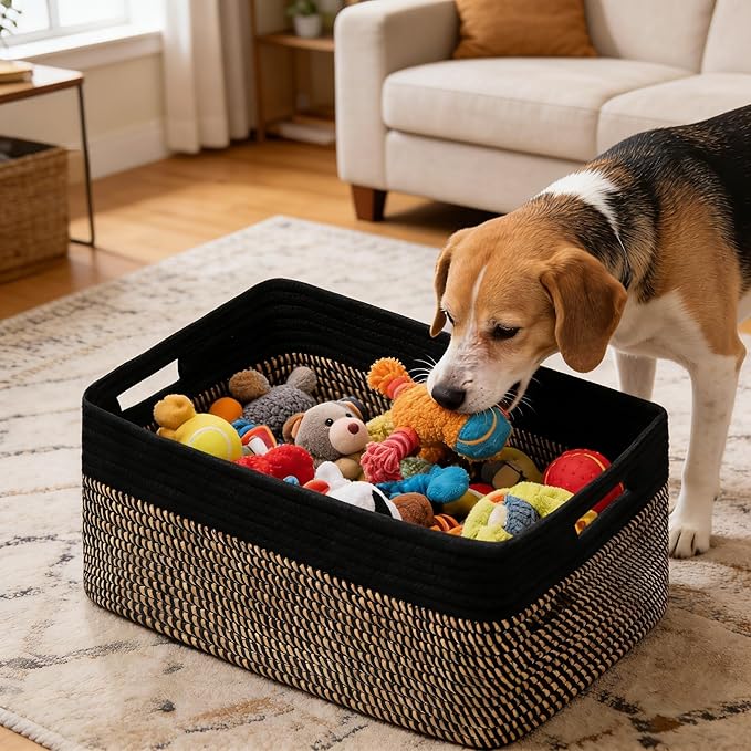 UBBCARE 2 Pack Storage Baskets for Shelves, Large Woven Storage Baskets, Dog Toy Bins, Baskets for Organizing Clothes, Towels, Books, Blanket, 17"L x 13"W x 7.5"H, Black&Brown