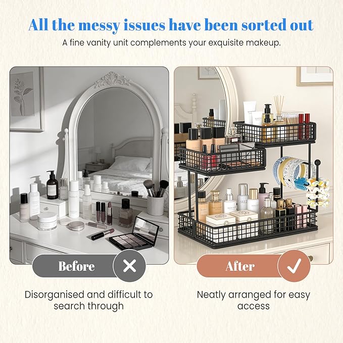 BCWW 3 Tiers Makeup Organizer Countertop Multi Bathroom Counter Organizer Metal Fruit Basket Perfume Skincare Organizers Holder for Vanities, Cabinet, Cosmetic, Dresser Organizer (Square(Black))