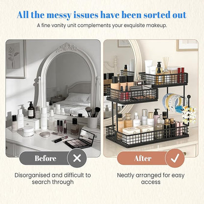 BCWW 3 Tiers Makeup Organizer Countertop Multi Bathroom Counter Organizer Metal Fruit Basket Perfume Skincare Organizers Holder for Vanities, Cabinet, Cosmetic, Dresser Organizer (Square(Black))