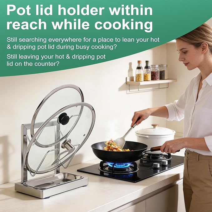 Pot lid holder within reach while cooking: 2-Layer Stainless Steel Pot Lid holder with removable drips collecting tray, Pot Lids Storage Rack, Pot Lids Organizer for various pot sizes and handles.