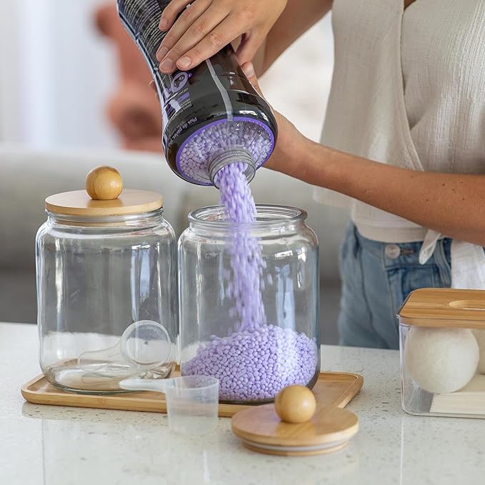 Glass Laundry Jars with Airtight Lids - Kitchen & Laundry Room Organization Containers with Dryer Sheet Holder,Bamboo Tray - Laundry Detergent Powder Half Gallon Storage Canisters with Labels