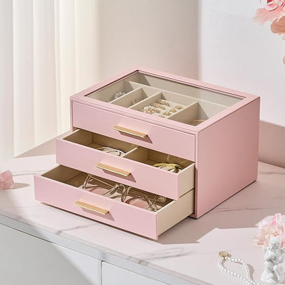 pickpiff Jewelry Box Organizer Case for Women: 3-Layer Jewelry Storage Case with Glass Window, Pink Leather with Velvet Holder for Ring Necklace Bracelet Brooch Watch, Great Gift for Her