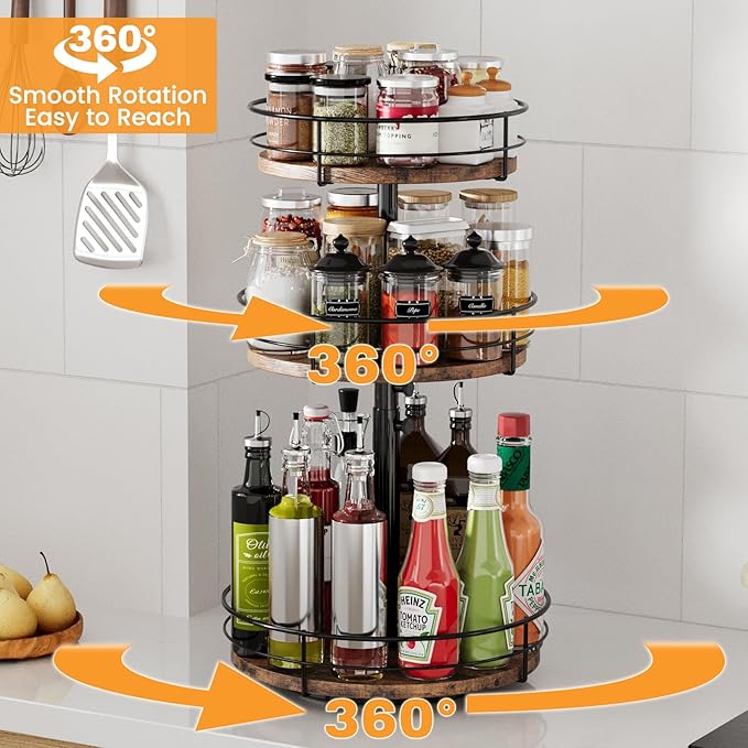 3 Tier Lazy Susan Spice Rack Organizer with Adjustable Height, 360° Rotating Spice Rack Spinning Organizer for Kitchen Bathroom Table Top Countertop Pantry, Black