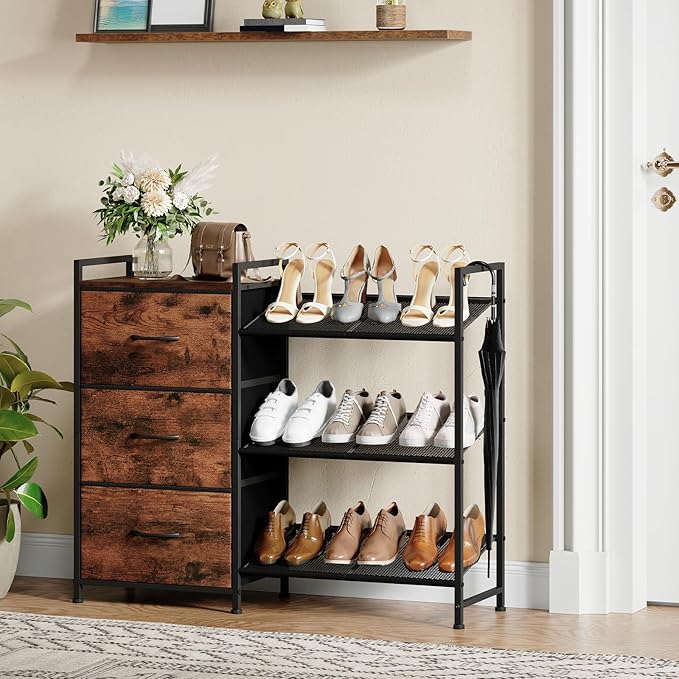 Somdot Shoe Rack, 3 Tier Shoe Organizer with 3 Drawers, Metal Shoe Storage Shelf for 6-9 Pairs of Shoes with Fabric Shelves and Wooden Top, Narrow Shoe Rack for Entryway, Wood Grain Print