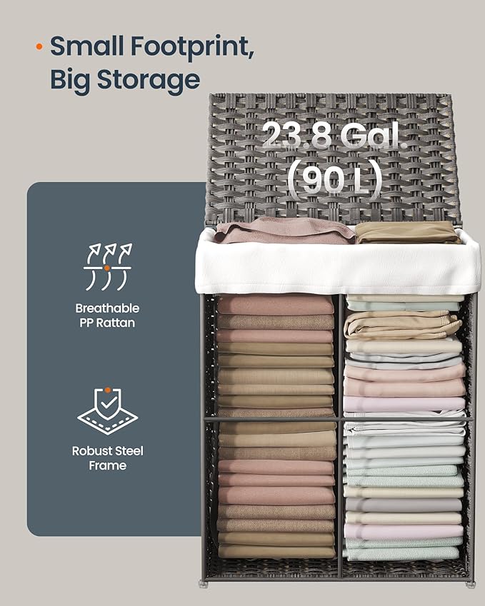 SONGMICS HOME Laundry Hamper with Lid, Clothes Basket with Removable Liner and Handles, 23.8 Gallon, Foldable Narrow Laundry Organizer for Bathroom, Bedroom, Gray