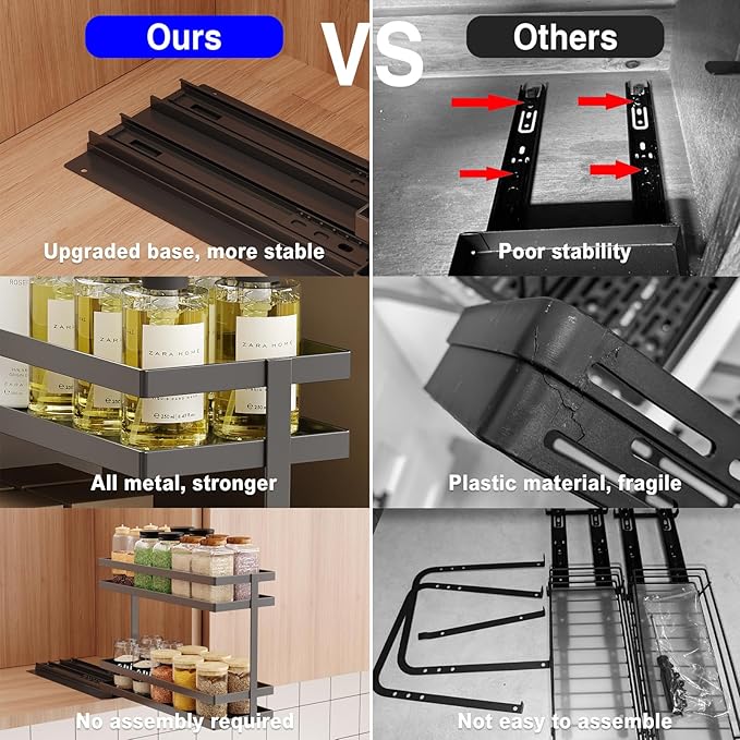 Mustorn 4 Pack Pull Out Spice Rack Organizer for Cabinet, 2 Tier Metal Slide Out Seasoning Organizer and Storage Heavy Duty Vertical Spice Rack Shelf Pullout for Kitchen Cabinets No Drilling (Black)