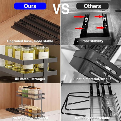 Mustorn 4 Pack Pull Out Spice Rack Organizer for Cabinet, 2 Tier Metal Slide Out Seasoning Organizer and Storage Heavy Duty Vertical Spice Rack Shelf Pullout for Kitchen Cabinets No Drilling (Black)