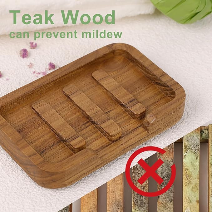 Self Draining Soap Dish by HTB,Teak Wood Soap Holder,Sponge Holder for Kitchen,Soap Saver for Shower, Bathroom, Sink, Kitchen and Countertop