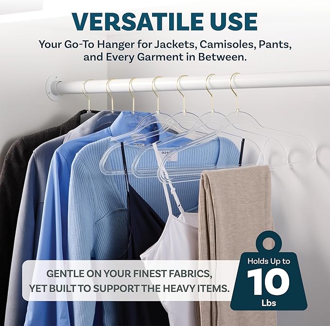 DEILSY™ Clear Hangers 50 Pack with Gold Hook - Non Velvet Slim Hangers - Durable Hanger Space Saver for Closet Organization, Shirts, Dresses, Jackets, Pants, Adult Clothes Storage Solution