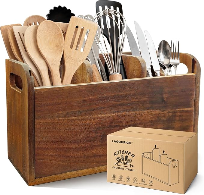 Kitchen Utensil Holder for Countertop with 3 Compartments，Acacia Wood Utensil Holder Cooking Spatula Organizer Large Cutlery Organizer for Kitchen Countertop Farmhouse Kitchen Decor