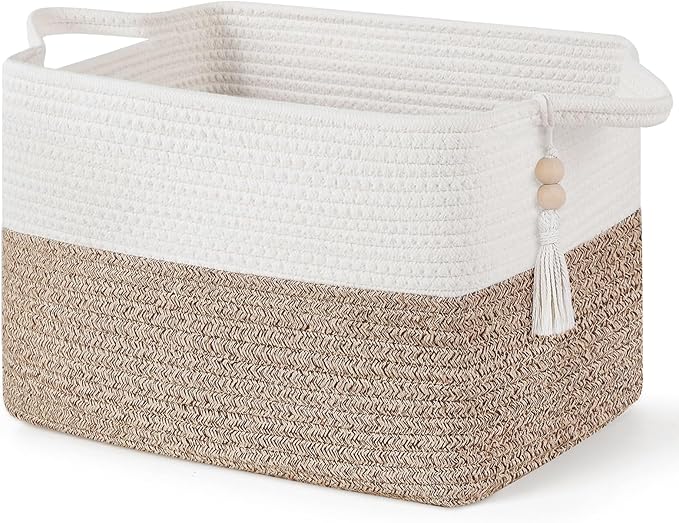Mkono Woven Storage Basket, Cube Cotton Rope Basket for Shelves, Clothes, Toys, Towels, Books, Rectangle Bin with Handles for Organizing, Decorative Gift, 13'' x 10'' x 9'', Brown and White (1 Pack)