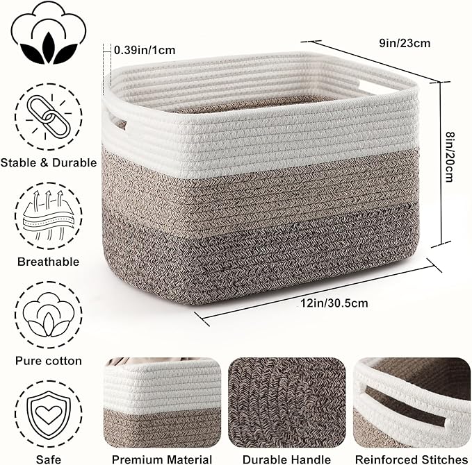 4 Pack Storage Baskets for Organizing, 12''Lx9''Wx8''H Woven Baskets for Storage Toys, Towels, Books, and Clothes, Cotton Rope Basket for Shelves with Handle