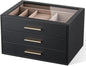 pickpiff Jewelry Box Organizer Case for Women: 3-Layer Jewelry Storage Case with Glass Window, Black Leather with Blush Velvet, Holder for Ring Necklace Bracelet Brooch Watch, Great Gift for Her