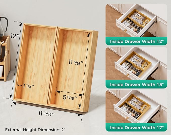 Bamboo Kitchen Drawer Organizer Boxes – 12" x 6" Stackable Wood Silverware Utensil Tray for Drawers Bins, Cutlery & Flatware Storage – Wooden Organizers Set of 2 for Junk Drawer, Bathroom, RV