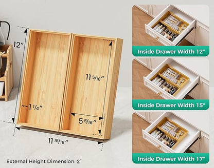 Bamboo Kitchen Drawer Organizer Boxes – 12" x 6" Stackable Wood Silverware Utensil Tray for Drawers Bins, Cutlery & Flatware Storage – Wooden Organizers Set of 2 for Junk Drawer, Bathroom, RV