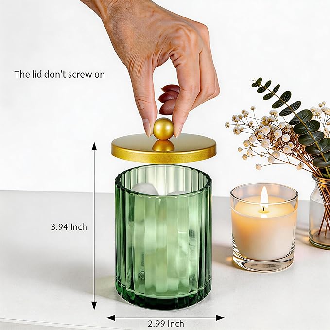 Amolliar Sage Green Glass Qtip Holder Dispenser, Bathroom Canister Apothecary Jar for Cotton Swabs, Cotton Balls, Round Pads, Floss Picks, Countertop Storage Organizer Container for Vanity,Gold 2 Pack