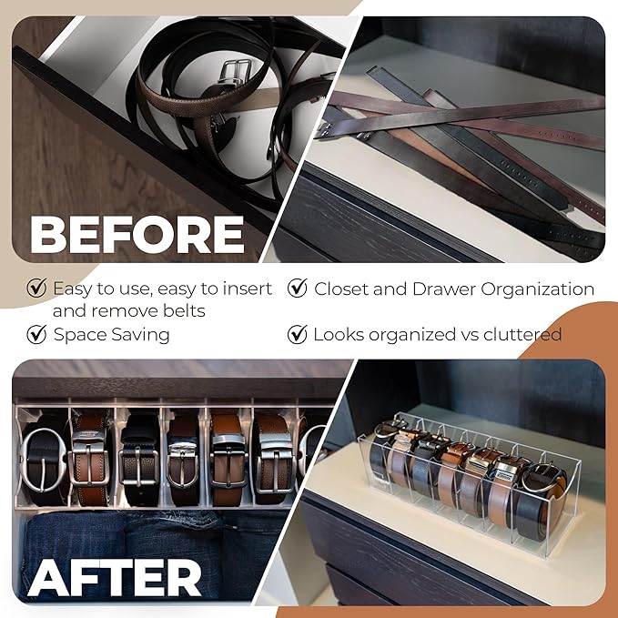 Targum Belt Organizer for Large Buckles – Extra-Wide Acrylic Belt Organizer with 7 Compartments for Closet and Drawer