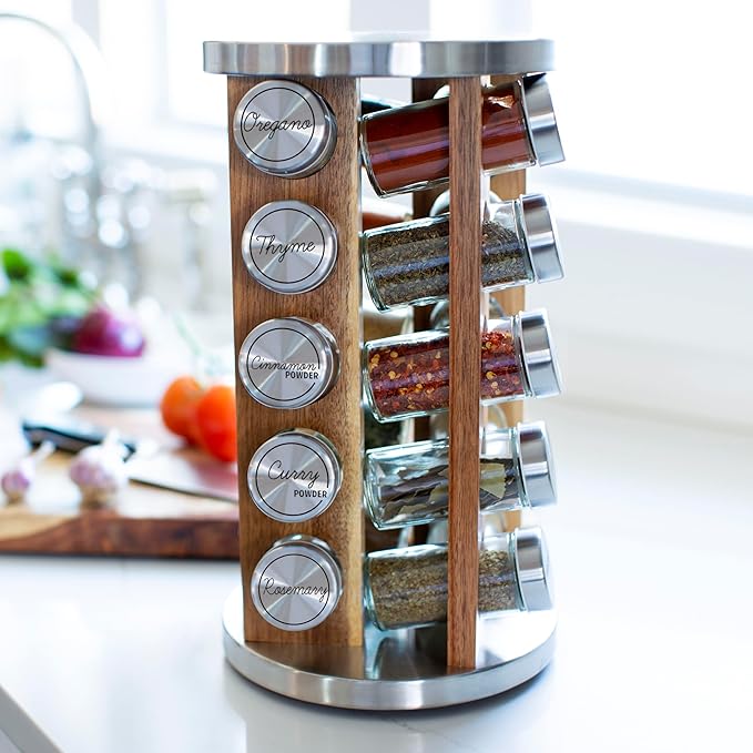 Orii 20 Jar Rotating Light Acacia Wood Spice Rack with Spices Included & 5-Year Spice Refill Program – Natural Wood Countertop Spice Rack with Glass Jars