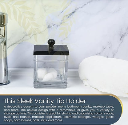 Clear Transparent Hotel Style Apothecary Tempered Glass Canister Jar W/ Matte Black Metal Lid Cover, Classic Countertop Organizer for Cotton balls/pads, Floss Picks, Makeup Storage
