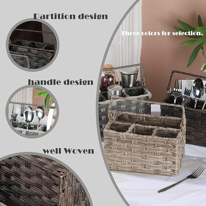 Silverware Holder for Party Plastic Utensil Holder Wicker Silverware Caddy Cutlery Holder with Handle Spoon and Fork Organizer Dark Gray Utensil Caddy for Kitchen Counter