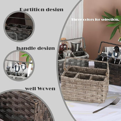 Silverware Holder for Party Plastic Utensil Holder Wicker Silverware Caddy Cutlery Holder with Handle Spoon and Fork Organizer Light Gray Utensil Caddy for Kitchen Counter