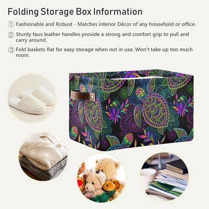 Large Storage Basket Bin Mandala Sea Turtle Storage Cube Box Foldable Canvas Fabric Collapsible Organizer with Handles for Home Office Closet, 2PCS
