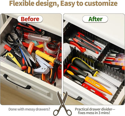 Drawer Divider Adjustable Diy Storage Organizer Separator for Tidying Clutter Cutlery Makeup Clothes of Dresses, Desk & Box in Kitchen Bathroom Bedroom Office (Cut at Will) (Black 32pcs)