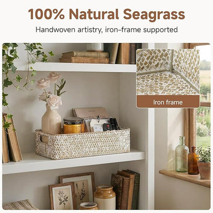 StorageWorks Wicker Toilet Paper Basket for Back of Toilet Baskets, Seagrass Bathroom Basket Organizer and Storage for Tank Topper, Small Tank Trays for Decor with Built-in Handles, Wipe White