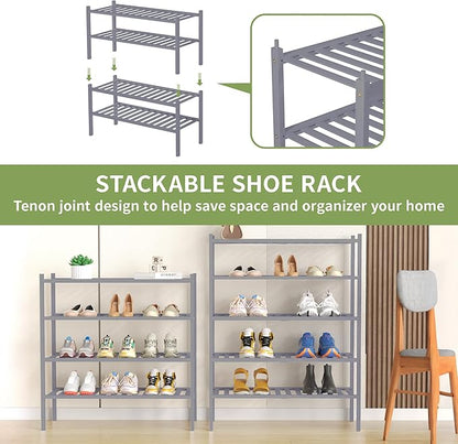 ROMGUAR CRAFT 5 Tier Bamboo Shoe Rack for Closet Free Standing Wood Shoe Shelf for Entryway Small Space Stackable 27"x11"x33" (Grey)