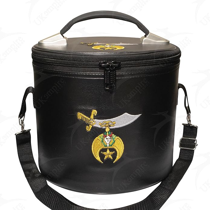 Premium Masonic Shriner Fez Hat Case Black Leather – Dual Emblems Front & Top (Machine Embroidery) with Shoulder Strap
