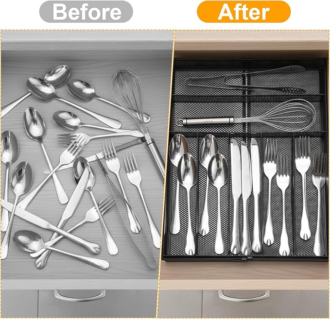 2 Pcs Utensil Drawer Silverware Organizer, Metal Mesh Expandable 13" ~24" Kitchen Drawer Organizer, 7-9 Slots Cutlery Tray Dividers for Kitchen Flatware Christmas Housewarming Gift (Black)