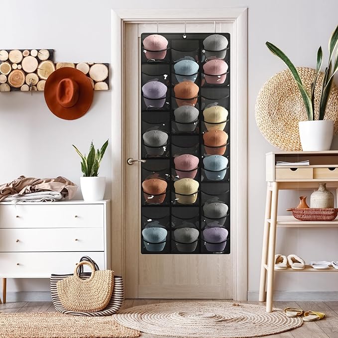 Fixwal Hat Organizer for Baseball Caps, 27 Pocket Over The Door Hat Rack for Storage Closet Wall, Cap Holder Hanger with Large Clear Pockets & 3 Hooks, Hat Storage to Protect and Display, Black