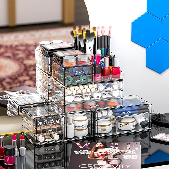 Acrylic Clear Makeup Organizer Countertop,Stackable Skincare Organizer for Vanity With 11 Drawer,Large Plastic Desk Accessories Organization,Bathroom Cosmetic Organizer Countertop for Beauty,Skin Care