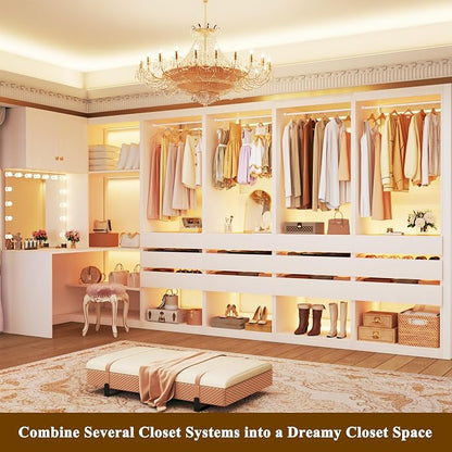 HUAHUU Freestanding 2FT Closet System with 3 Wood Drawers & Glasstop, 24" Closet Organizer System with Hanging Rod & LED Lights, Walk-in Closet Systems for Small Closets, White (24"L x 16" W x 80" H)